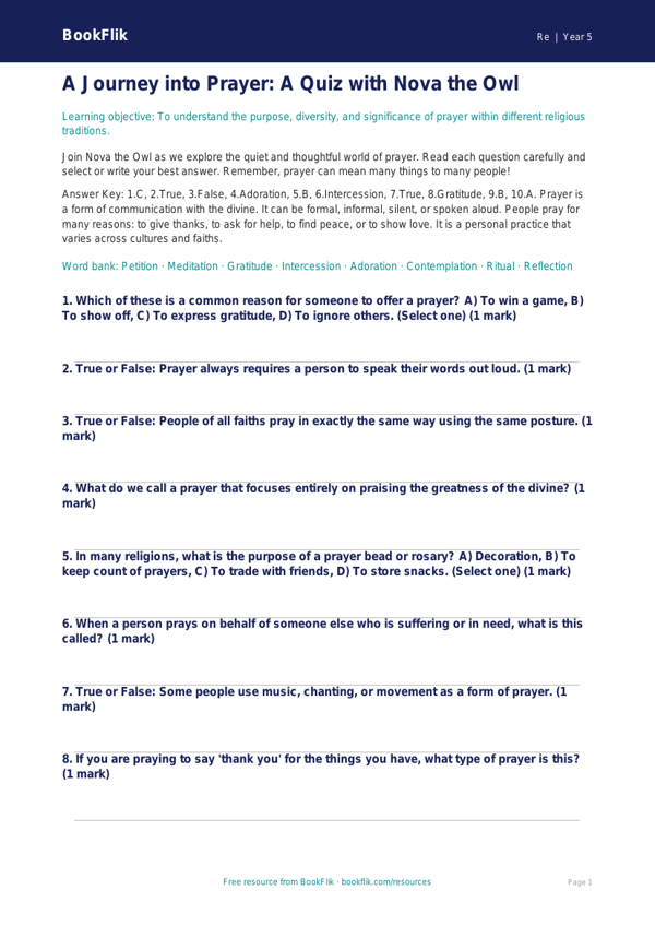 Free Prayer Quiz | Year 5 Greater Depth | BookFlik worksheet preview — Re Prayer