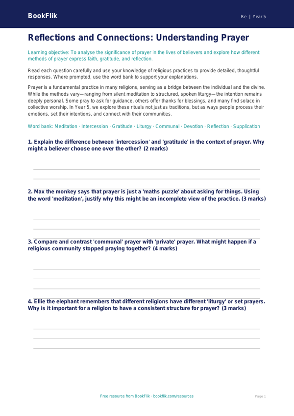 Free Prayer Worksheet | Year 5 Greater Depth | BookFlik worksheet preview — Re Prayer