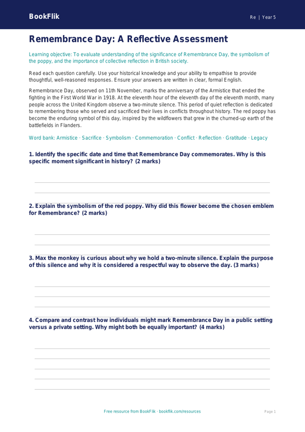 Free Remembrance Day Assessment | Year 5 Greater Depth | BookFlik worksheet preview — Re Remembrance Day
