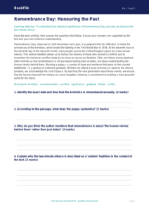 Free Remembrance Day Comprehension | Year 5 Greater Depth | BookFlik