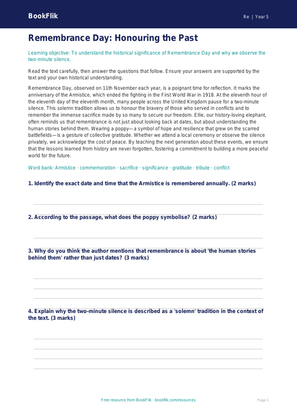Free Remembrance Day Comprehension | Year 5 Greater Depth | BookFlik worksheet preview — Re Remembrance Day