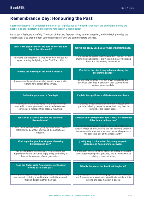 Free Remembrance Day Flashcards | Year 5 Greater Depth | BookFlik worksheet preview — Re Remembrance Day