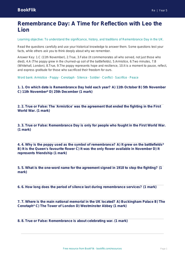 Free Remembrance Day Quiz | Year 5 Greater Depth | BookFlik worksheet preview — Re Remembrance Day