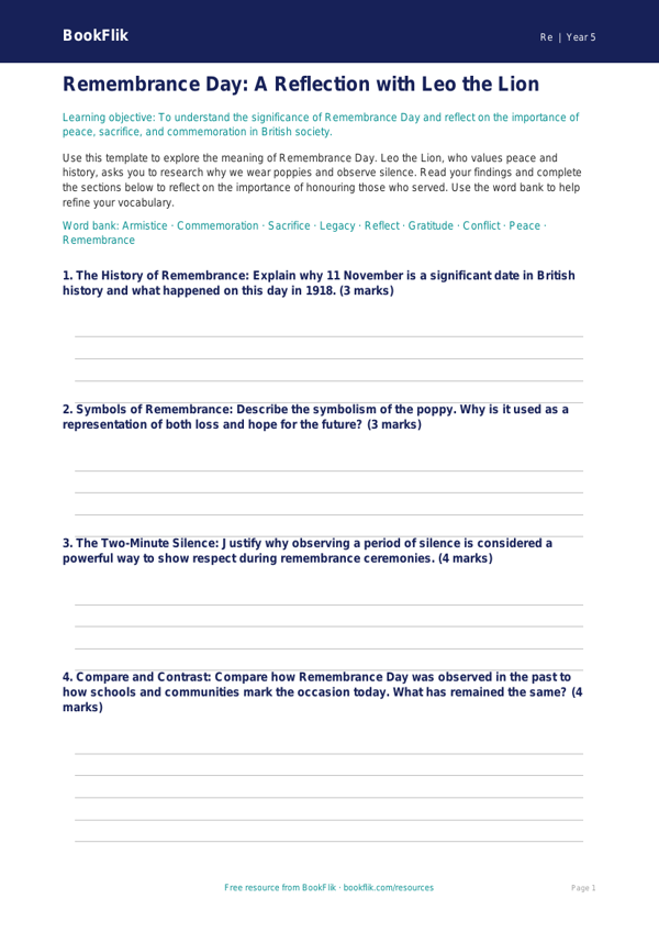 Free Remembrance Day Template | Year 5 Greater Depth | BookFlik worksheet preview — Re Remembrance Day
