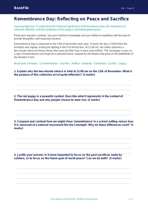 Free Remembrance Day Worksheet | Year 5 Greater Depth | BookFlik worksheet preview — Re Remembrance Day