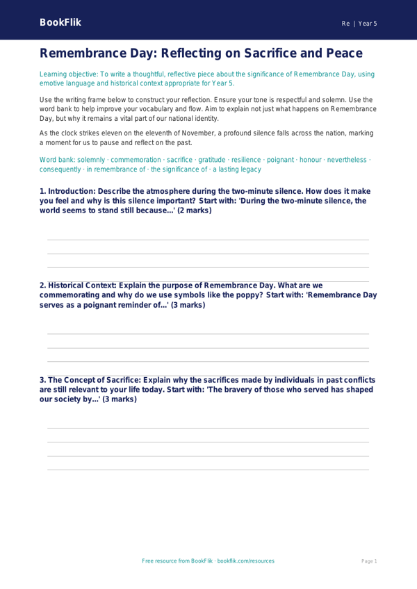 Free Remembrance Day Writing Frame | Year 5 Greater Depth | BookFlik worksheet preview — Re Remembrance Day