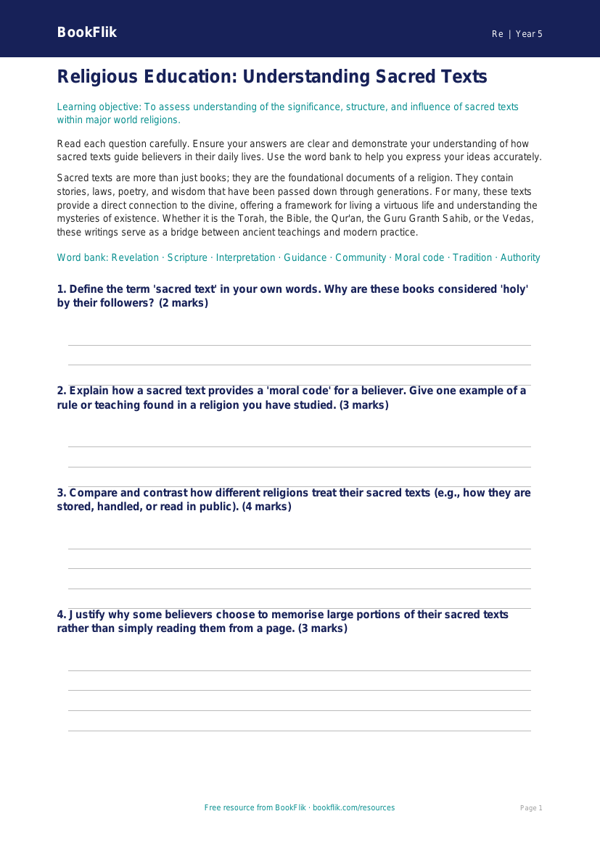 Free Sacred Texts Assessment | Year 5 Greater Depth | BookFlik worksheet preview — Re Sacred Texts