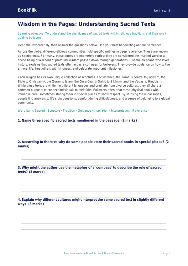 Free Sacred Texts Comprehension | Year 5 Greater Depth | BookFlik worksheet preview — Re Sacred Texts