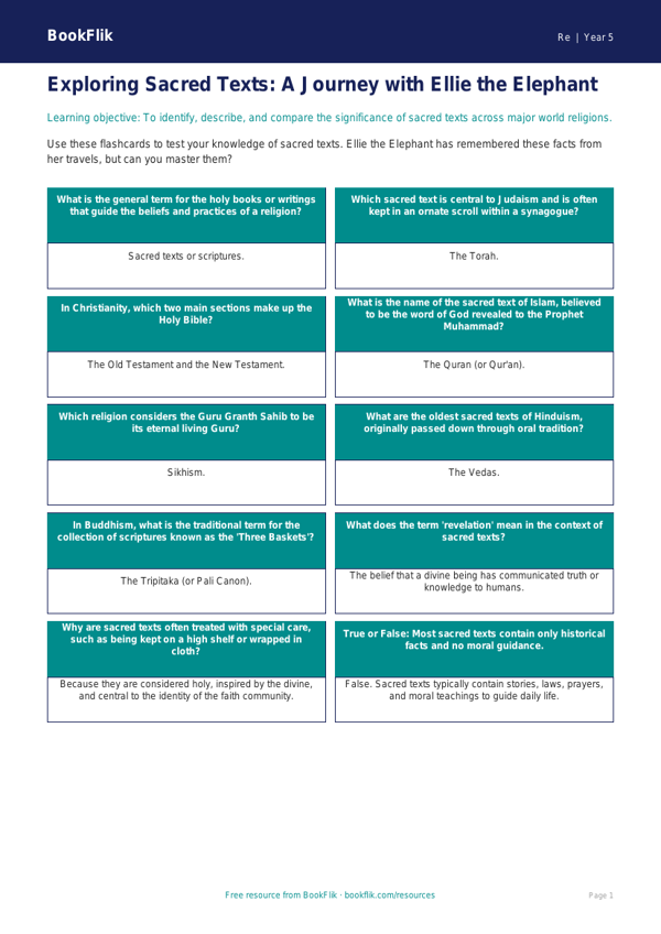 Free Sacred Texts Flashcards | Year 5 Greater Depth | BookFlik worksheet preview — Re Sacred Texts