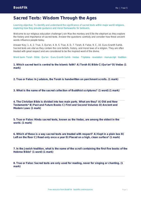 Free Sacred Texts Quiz | Year 5 Greater Depth | BookFlik worksheet preview — Re Sacred Texts
