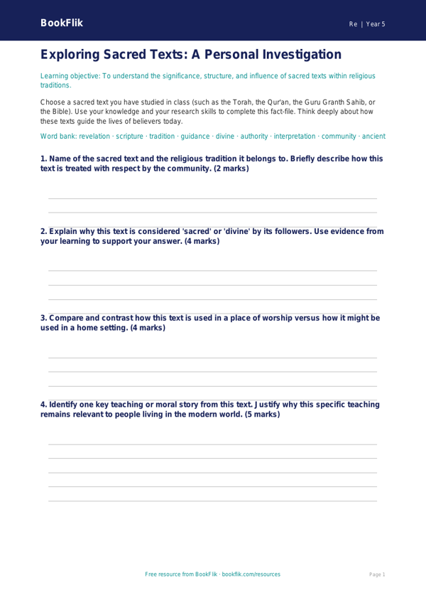Free Sacred Texts Template | Year 5 Greater Depth | BookFlik worksheet preview — Re Sacred Texts