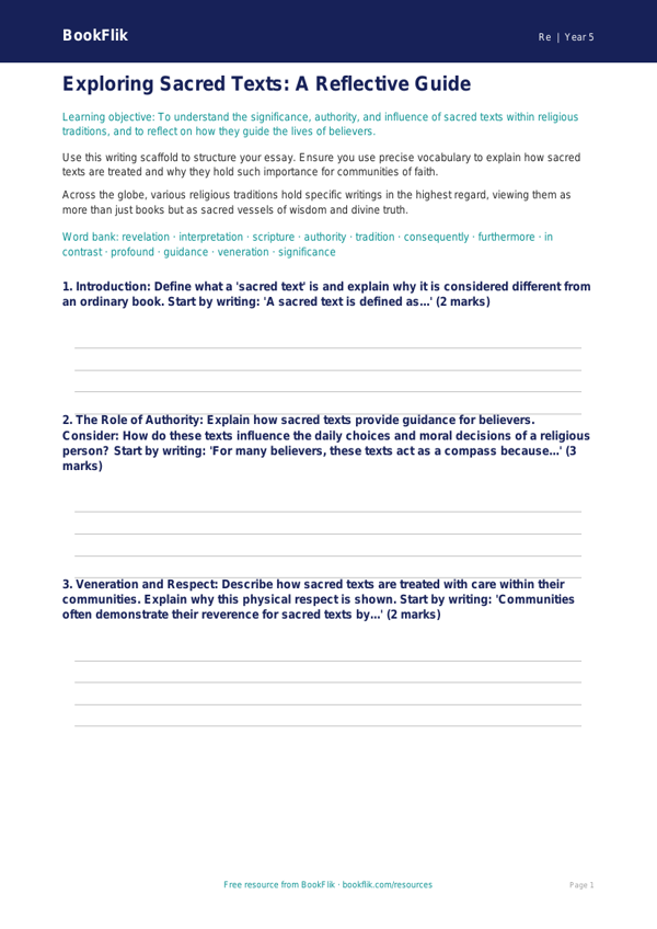 Free Sacred Texts Writing Frame | Year 5 Greater Depth | BookFlik worksheet preview — Re Sacred Texts