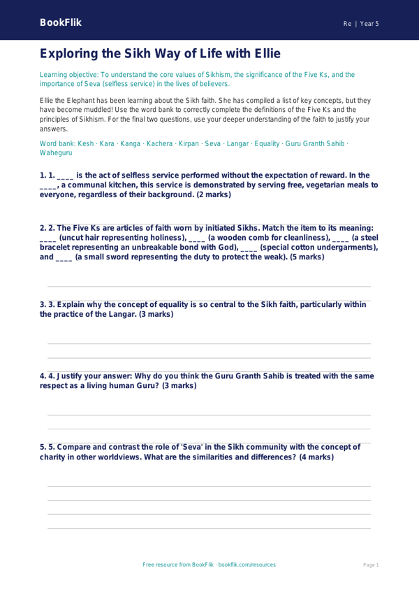 Free Sikhism Activity Sheet | Year 5 Greater Depth | BookFlik worksheet preview — Re Sikhism