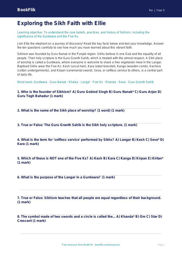 Free Sikhism Quiz | Year 5 Greater Depth | BookFlik worksheet preview — Re Sikhism