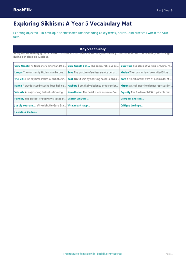Free Sikhism Word Mat | Year 5 Greater Depth | BookFlik worksheet preview — Re Sikhism