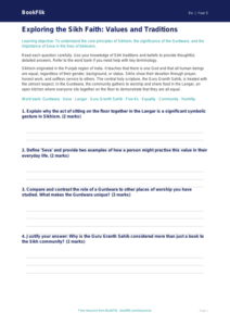 Free Sikhism Worksheet | Year 5 Greater Depth | BookFlik