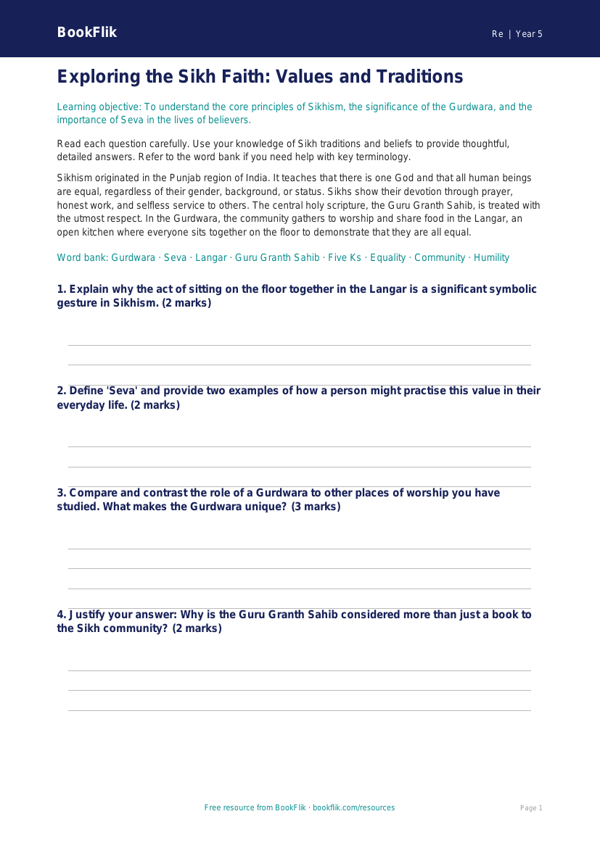 Free Sikhism Worksheet | Year 5 Greater Depth | BookFlik worksheet preview — Re Sikhism