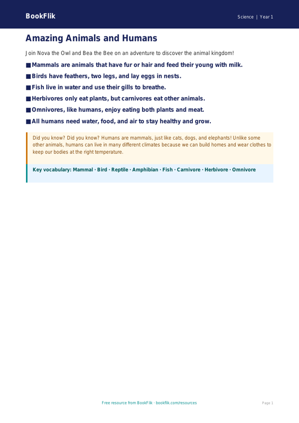 Free Animals Including Humans Poster | Year 1 Core | BookFlik worksheet preview — Science Animals Including Humans