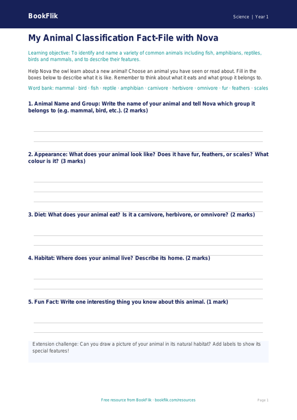 Free Animals Including Humans Template | Year 1 Core | BookFlik worksheet preview — Science Animals Including Humans