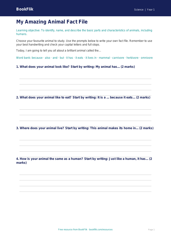 Free Animals Including Humans Writing Frame | Year 1 Core | BookFlik worksheet preview — Science Animals Including Humans