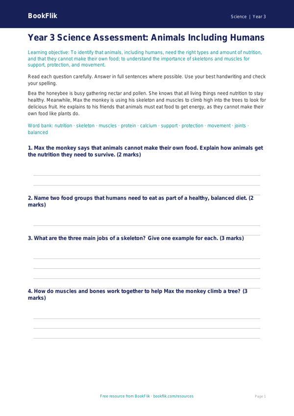 Free Animals Including Humans Assessment | Year 3 Core | BookFlik worksheet preview — Science Animals Including Humans