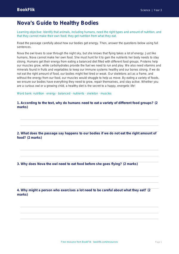 Free Animals Including Humans Comprehension | Year 3 Core | BookFlik worksheet preview — Science Animals Including Humans