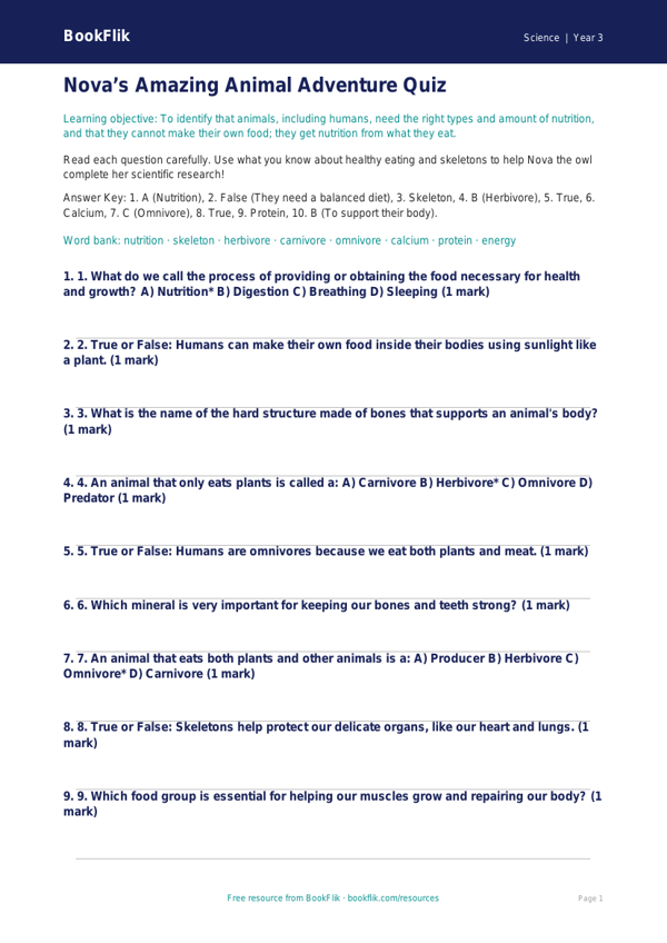 Free Animals Including Humans Quiz | Year 3 Core | BookFlik worksheet preview — Science Animals Including Humans