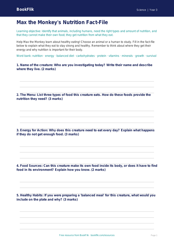Free Animals Including Humans Template | Year 3 Core | BookFlik worksheet preview — Science Animals Including Humans