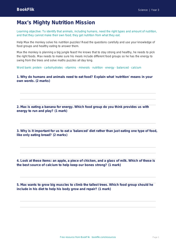Free Animals Including Humans Worksheet | Year 3 Core | BookFlik worksheet preview — Science Animals Including Humans