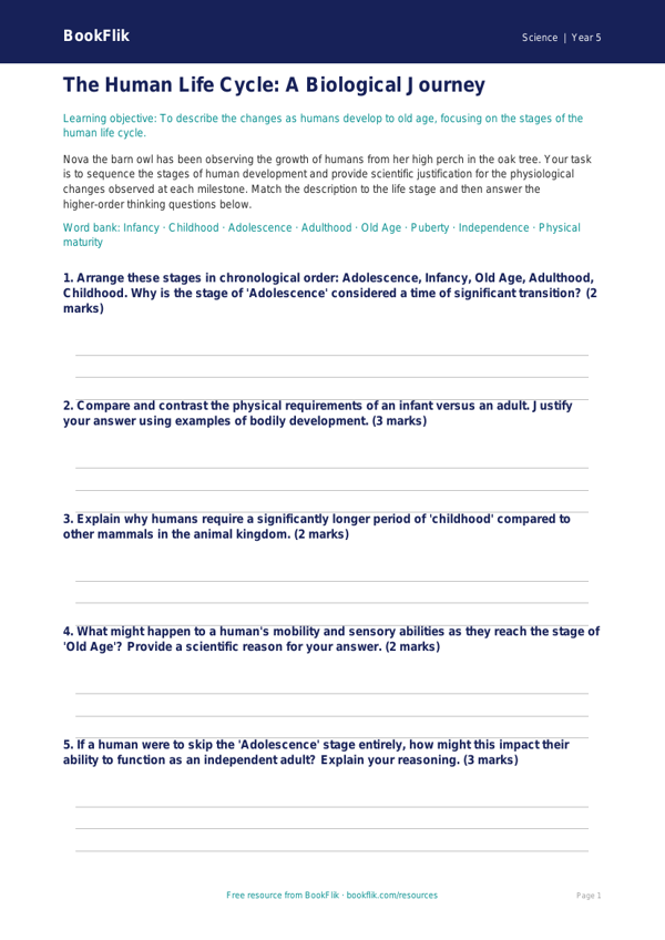 Free Animals Including Humans Activity Sheet | Year 5 Greater Depth | BookFlik worksheet preview — Science Animals Including Humans