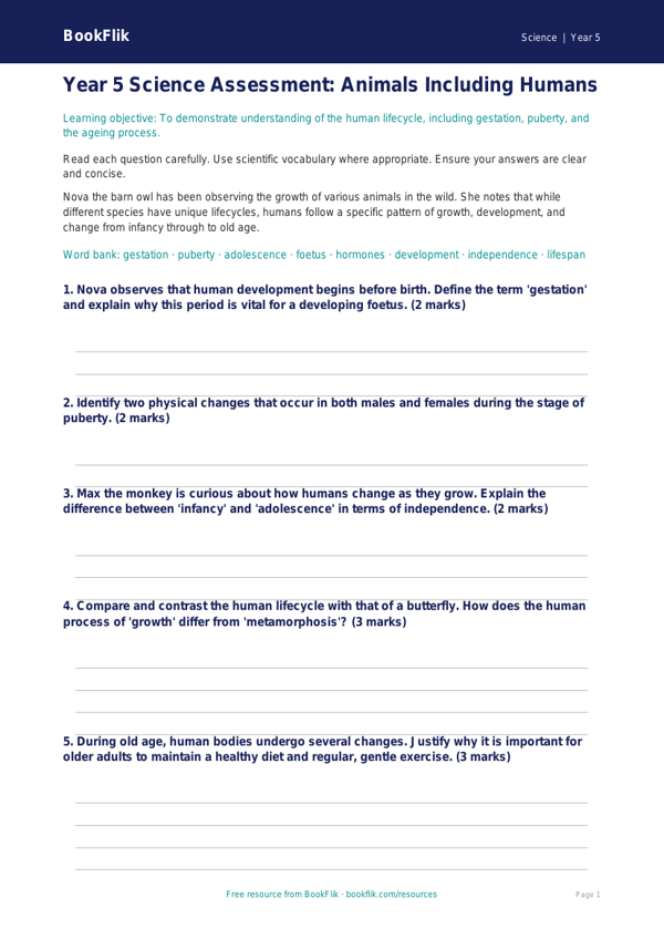 Free Animals Including Humans Assessment | Year 5 Greater Depth | BookFlik worksheet preview — Science Animals Including Humans