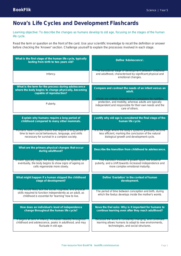 Free Animals Including Humans Flashcards | Year 5 Greater Depth | BookFlik worksheet preview — Science Animals Including Humans