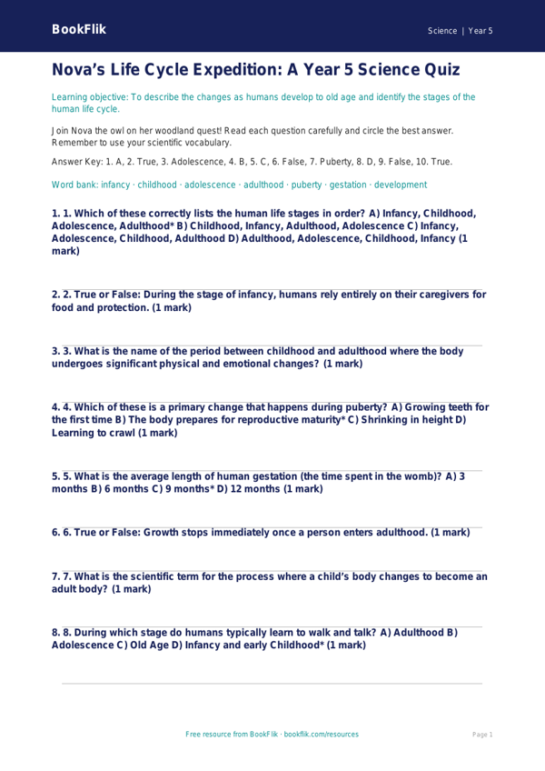Free Animals Including Humans Quiz | Year 5 Greater Depth | BookFlik worksheet preview — Science Animals Including Humans