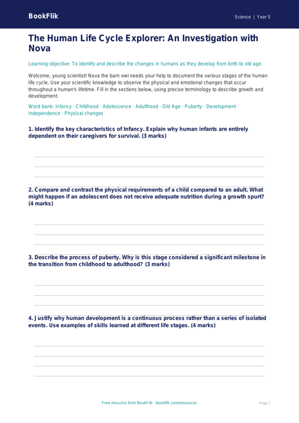 Free Animals Including Humans Template | Year 5 Greater Depth | BookFlik worksheet preview — Science Animals Including Humans
