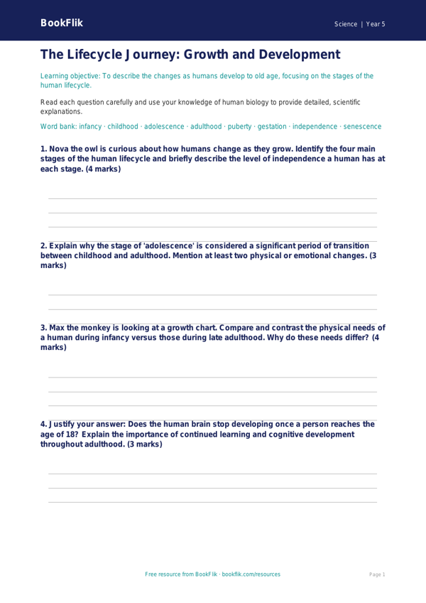 Free Animals Including Humans Worksheet | Year 5 Greater Depth | BookFlik worksheet preview — Science Animals Including Humans