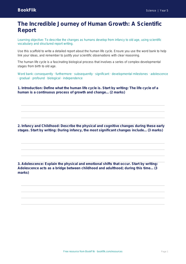 Free Animals Including Humans Writing Frame | Year 5 Greater Depth | BookFlik worksheet preview — Science Animals Including Humans