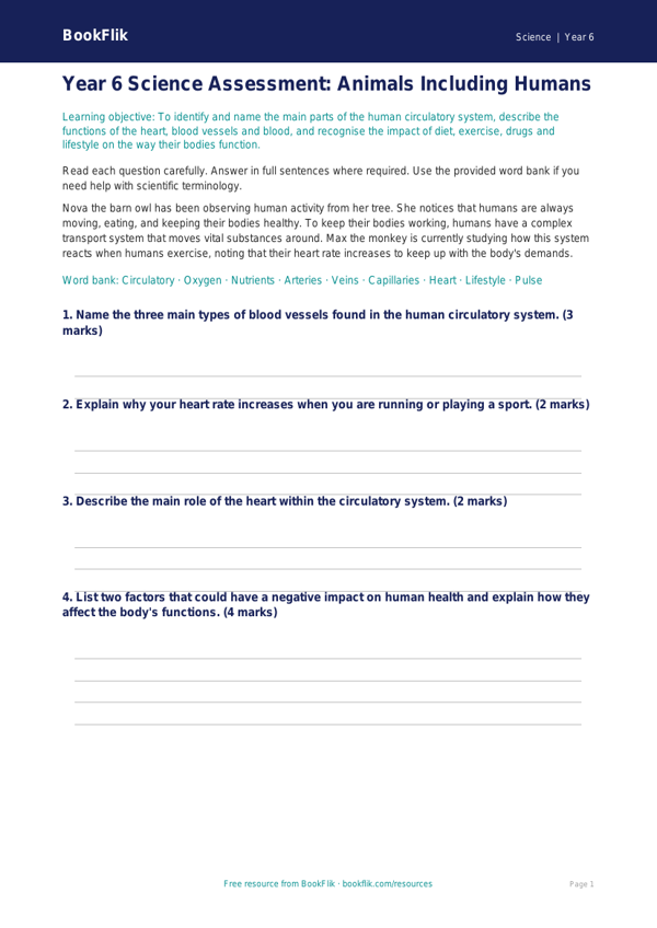 Free Animals Including Humans Assessment | Year 6 Core | BookFlik worksheet preview — Science Animals Including Humans