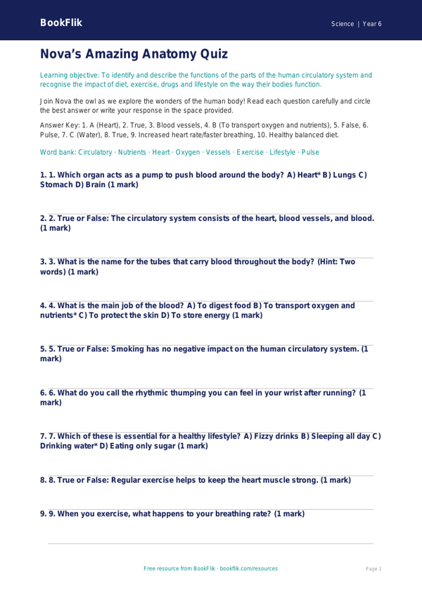 Free Animals Including Humans Quiz | Year 6 Core | BookFlik worksheet preview — Science Animals Including Humans