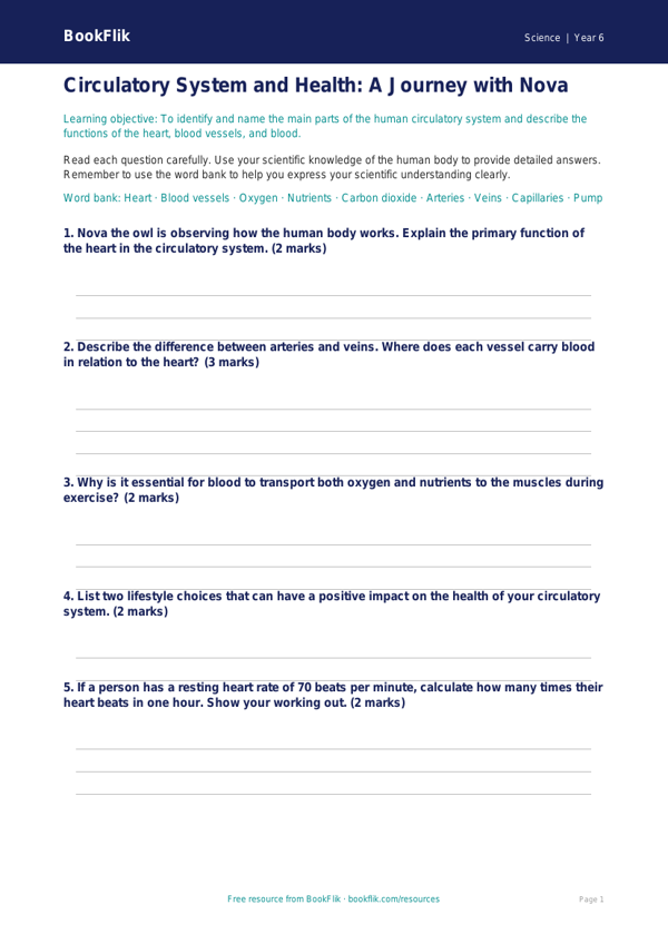 Free Animals Including Humans Worksheet | Year 6 Core | BookFlik worksheet preview — Science Animals Including Humans
