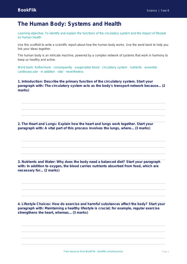 Free Animals Including Humans Writing Frame | Year 6 Core | BookFlik worksheet preview — Science Animals Including Humans