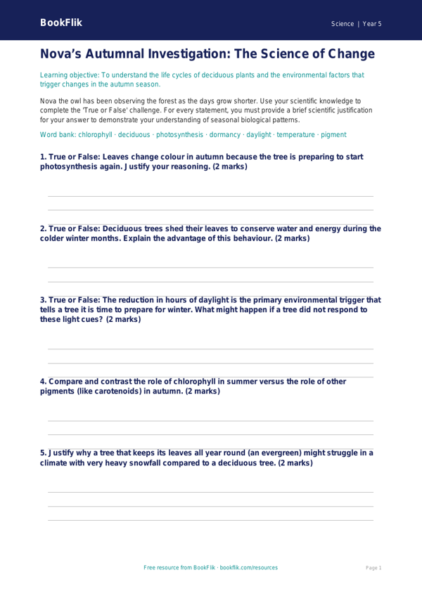 Free Autumn Science Activity Sheet | Year 5 Greater Depth | BookFlik worksheet preview — Science Autumn Science