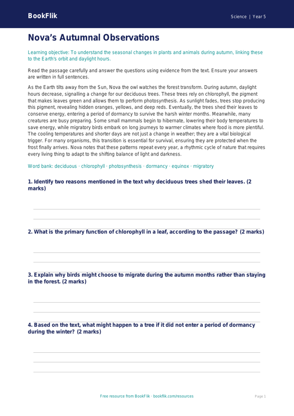 Free Autumn Science Comprehension | Year 5 Greater Depth | BookFlik worksheet preview — Science Autumn Science