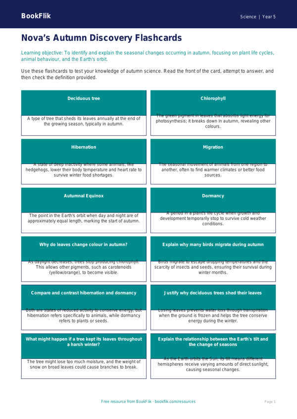 Free Autumn Science Flashcards | Year 5 Greater Depth | BookFlik worksheet preview — Science Autumn Science