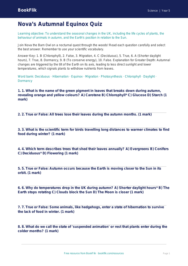 Free Autumn Science Quiz | Year 5 Greater Depth | BookFlik worksheet preview — Science Autumn Science