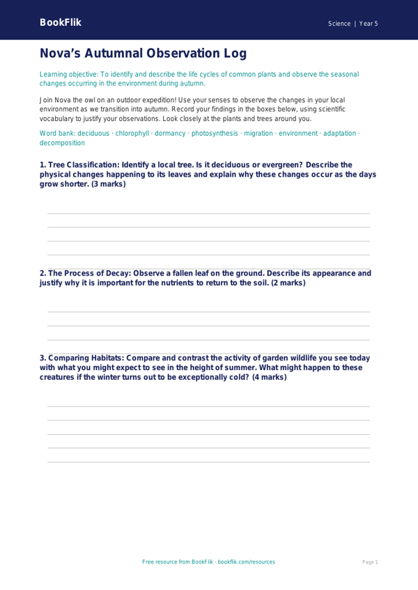 Free Autumn Science Template | Year 5 Greater Depth | BookFlik worksheet preview — Science Autumn Science