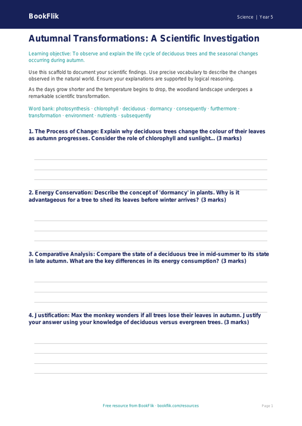 Free Autumn Science Writing Frame | Year 5 Greater Depth | BookFlik worksheet preview — Science Autumn Science