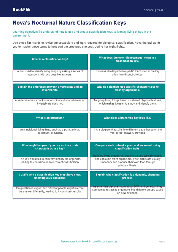 Free Classification Keys Flashcards | Year 5 Greater Depth | BookFlik worksheet preview — Science Classification Keys