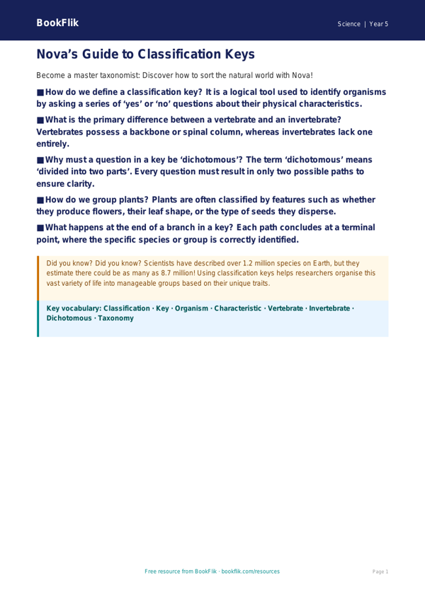 Free Classification Keys Poster | Year 5 Greater Depth | BookFlik worksheet preview — Science Classification Keys