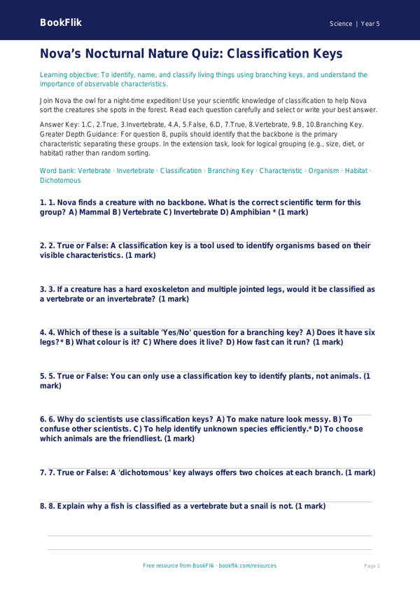 Free Classification Keys Quiz | Year 5 Greater Depth | BookFlik worksheet preview — Science Classification Keys