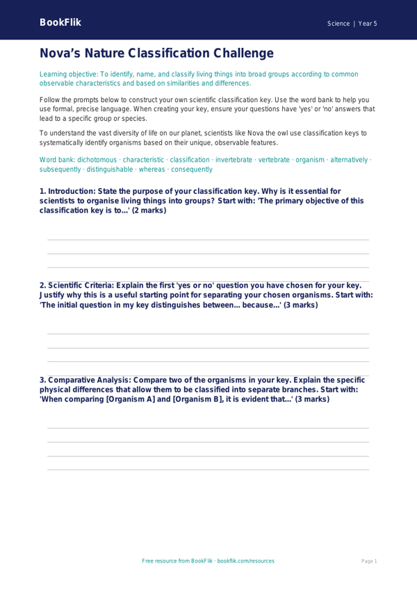 Free Classification Keys Writing Frame | Year 5 Greater Depth | BookFlik worksheet preview — Science Classification Keys